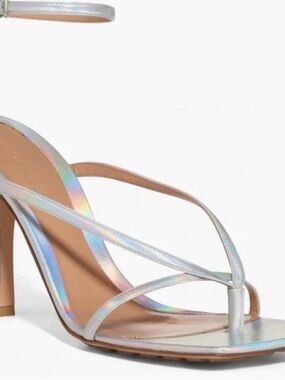 Bottega Veneta Iridescent Strappy Mid Heel Sandal - Silver Pearl